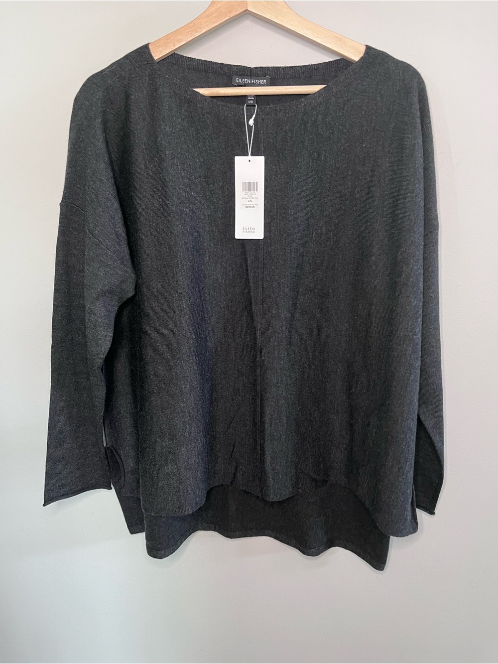 Eileen Fisher Merino Wool Bateau Neck Boxy Top Charcoal Grey L/G F6MF-W3927M